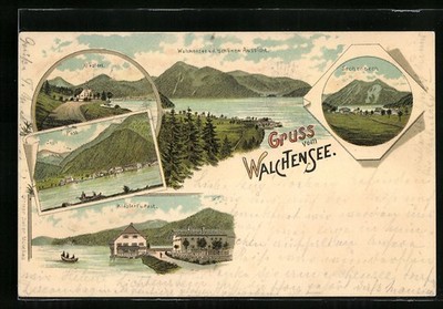 Lithographie Walchensee, Klösterl, Eschenbach 1897 