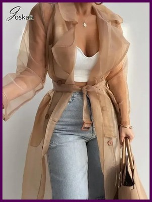 Joskaa Solid Organza See Through Lapel Full Sleeve Trench 2026 Summer Women