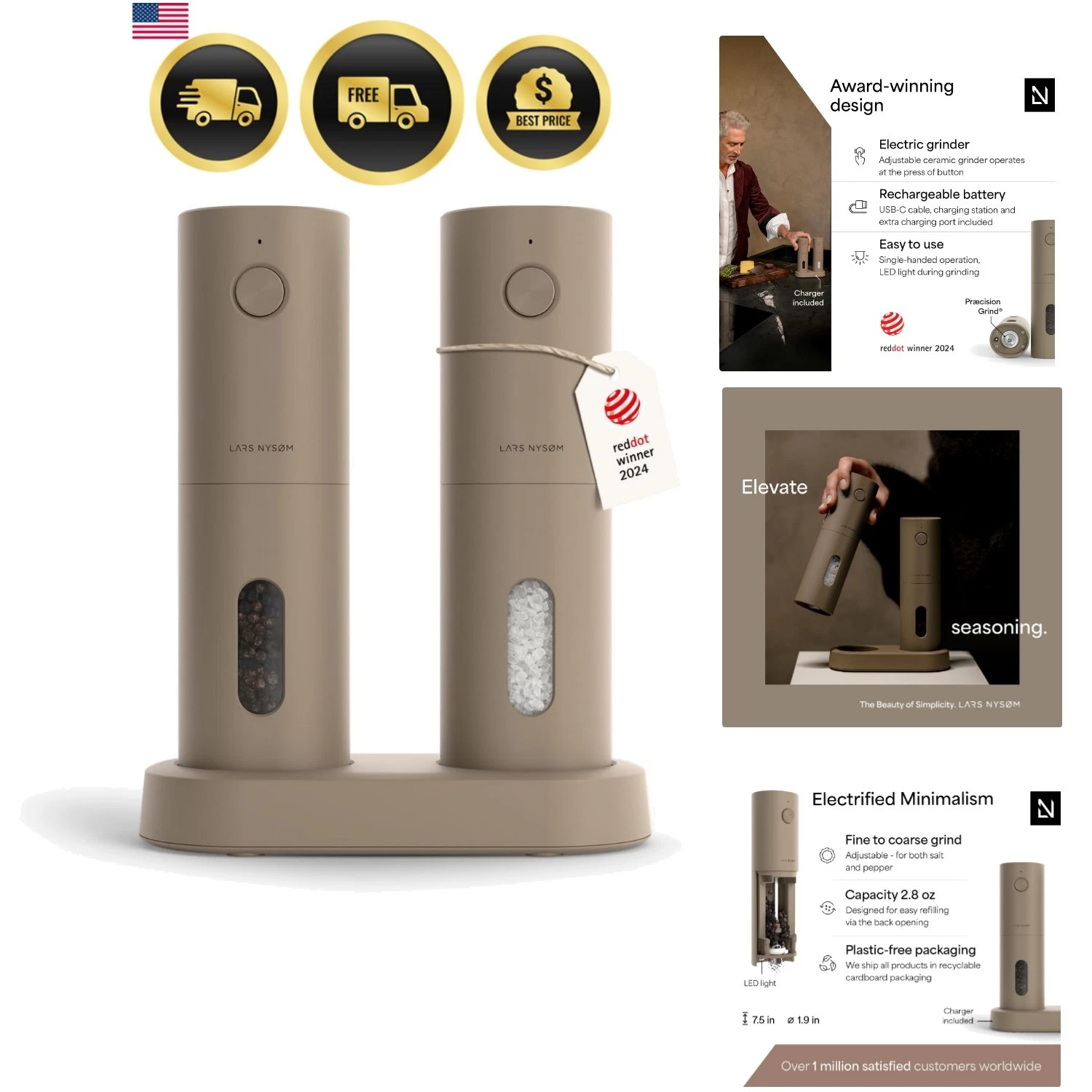 Electric Salt and Pepper Grinder Set, USB Rechargeable, Automatic Salt and Pe...