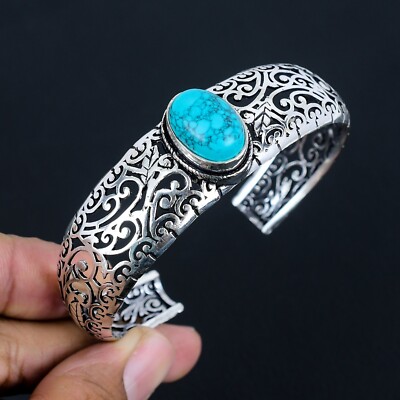 Santa Rosa Turquoise Gemstone 925 Sterling Silver Open Cuff Bangle Adjustable