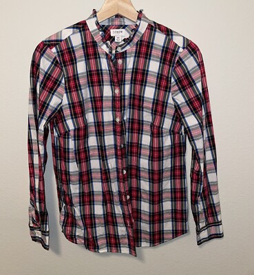 J CREW Red Tartan Plaid Button Down Blouse Ruffed Mock Neck Sz XS
