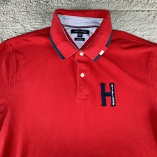 VINTAGE Tommy Hilfiger Polo Shirt Mens XL Slim Fit Red Y2K Rugby Big  H  Logo