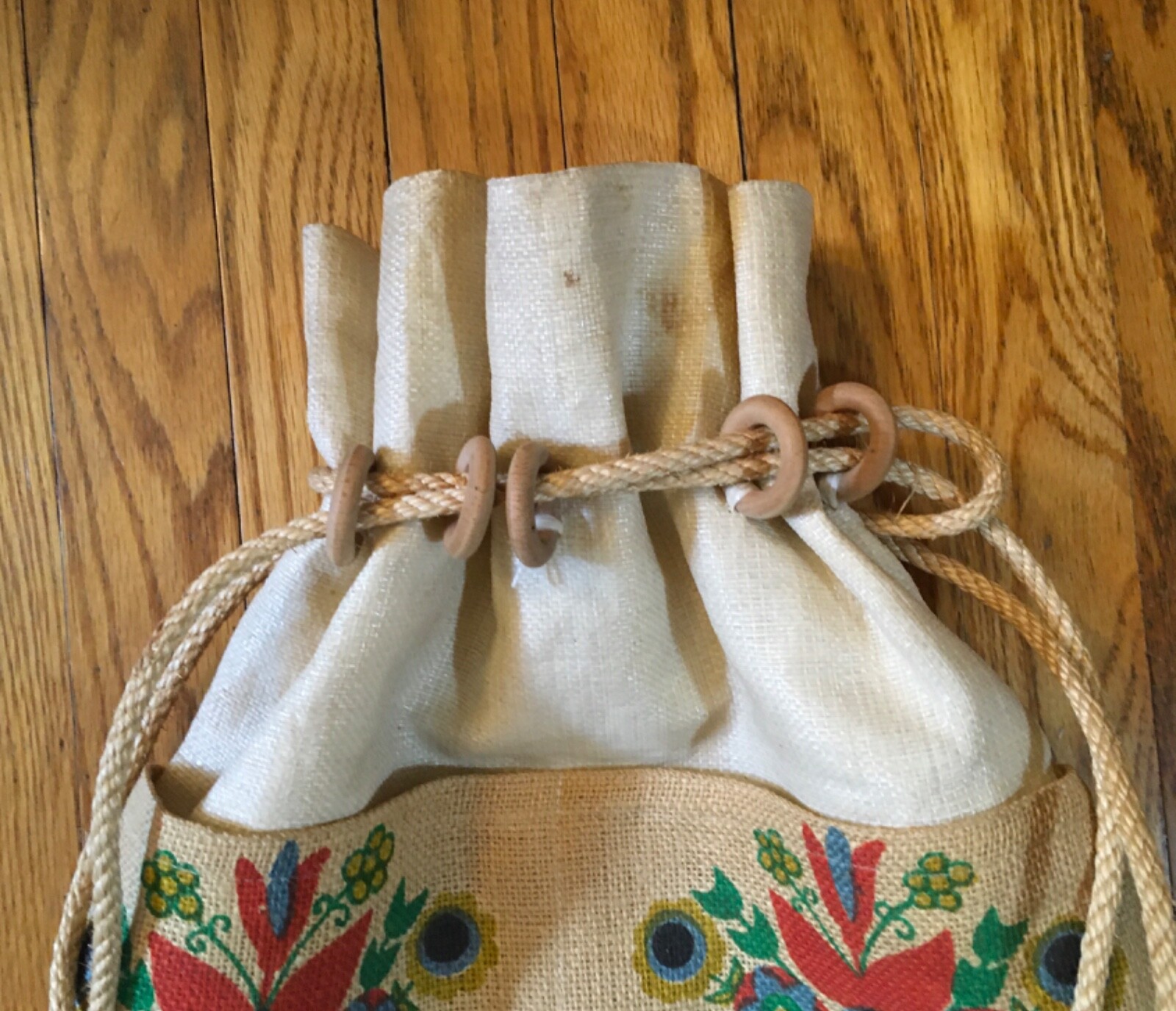 Screen Printed Burlap Rope Drawstring Boho 1970's… - image 3