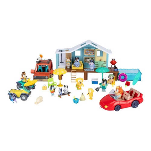 BLUEY TOYS SHOW PERSONAGGI BINGO AMICI E FAMIGLIA SPIAGGIA SET GIOCO CABINA AUTO NUOVO - Foto 4 di 5