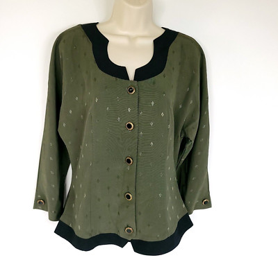 Vintage David Benjamin Womens Blazer Top 9 Green Black Button Bow 80s 90s
