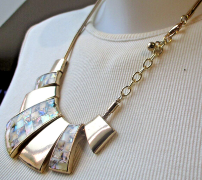 Collier Plastron Imposant Vintage Or Et Nacre Cloisonné - Bijou Fantaisie Femme Superbe 5647