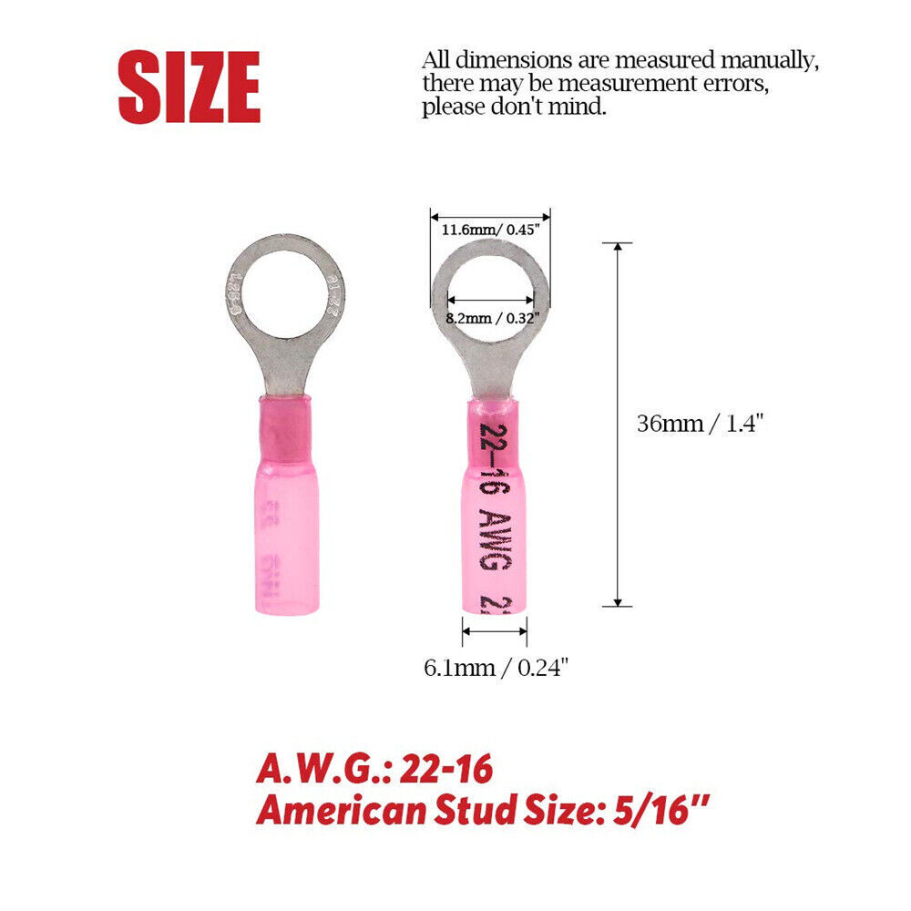 100) High Temperature Non-Insulated Ring Connector 22-18 Gauge AWG 5/16" Stud Electrical Wire - Foto 4
