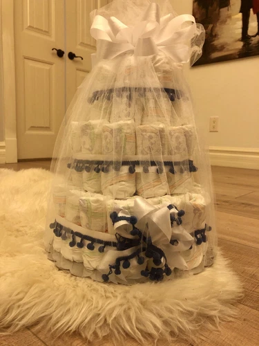 3Tier Diaper Cake Baby Shower Centerpiece Present Boy Navy Blue Pom Pom Ribbon