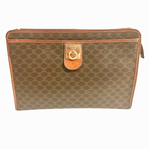 CELINE Macadam Gancini Clutch Bag in Brown PVC Leather with Gold Accents Auth 0146