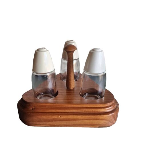 Vintage Retro Toothpick Holder Salt and Pepper Shakers with Wood Caddy  - Picture 1 of 8