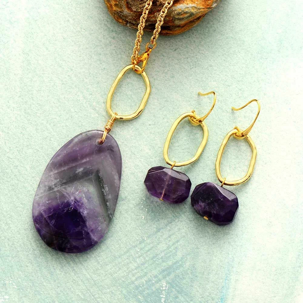 Elegant Teen Girls Jewelry Natural Stone Necklace Earring Set Amethyst Gold  Tone