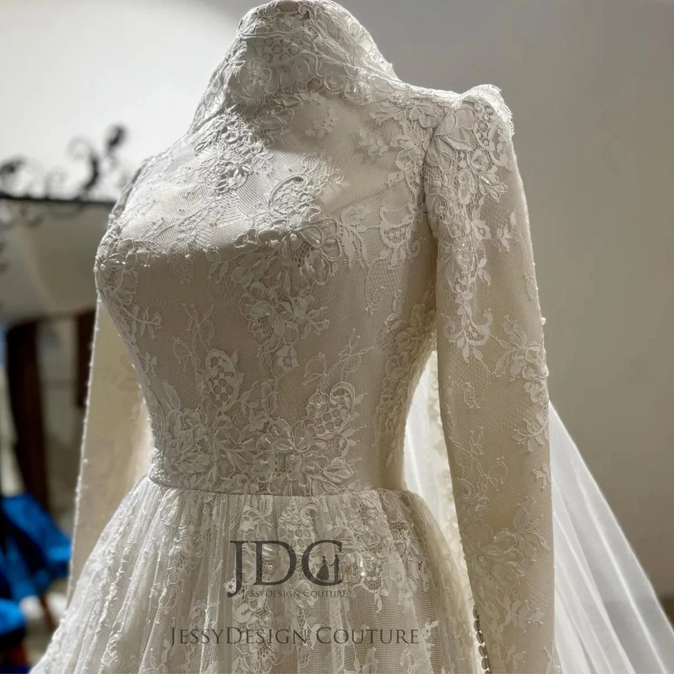Muslim Korsage Brautkleid Ballkleid Spitze Langarm Schnürt Ivory Lange Schleppe - Bild 3 von 4