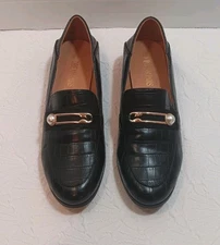 DREAM PAIRS Black Croc Embossed Loafers Pearl Gold Buckle Flats 8.5