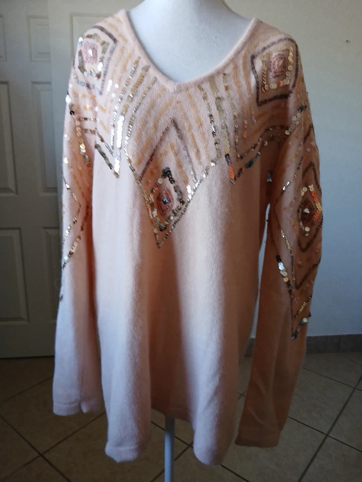 Outlander Womens Lambswool Angora 1X Sequin Embellished Sweater Pink / Coral - Image 2 of 4