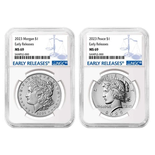 2023 $1 Morgan and Peace Silver Dollar 2pc Set NGC MS69 ER Blue Label
