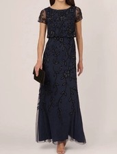 Adrianna Papell NWT Navy Beaded Floral Mesh Gown Blouson Dress Size 6 NWT $229