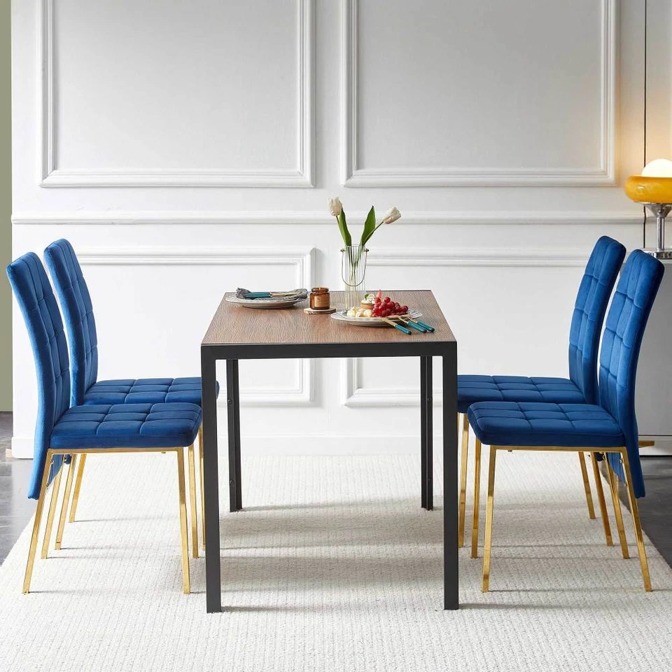 5-Piece Dining Set Including Blue Velvet High BackGolden Color LegsNordic Dining - Image 4 of 4