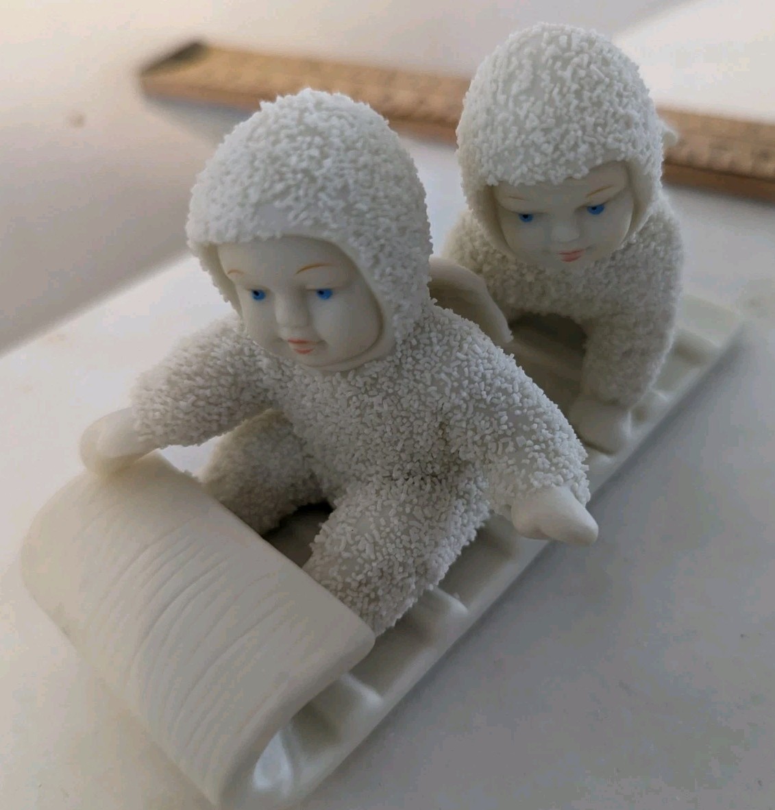 Dept 56 Snowbabies Angel Twins Riding Toboggan Down The Hill