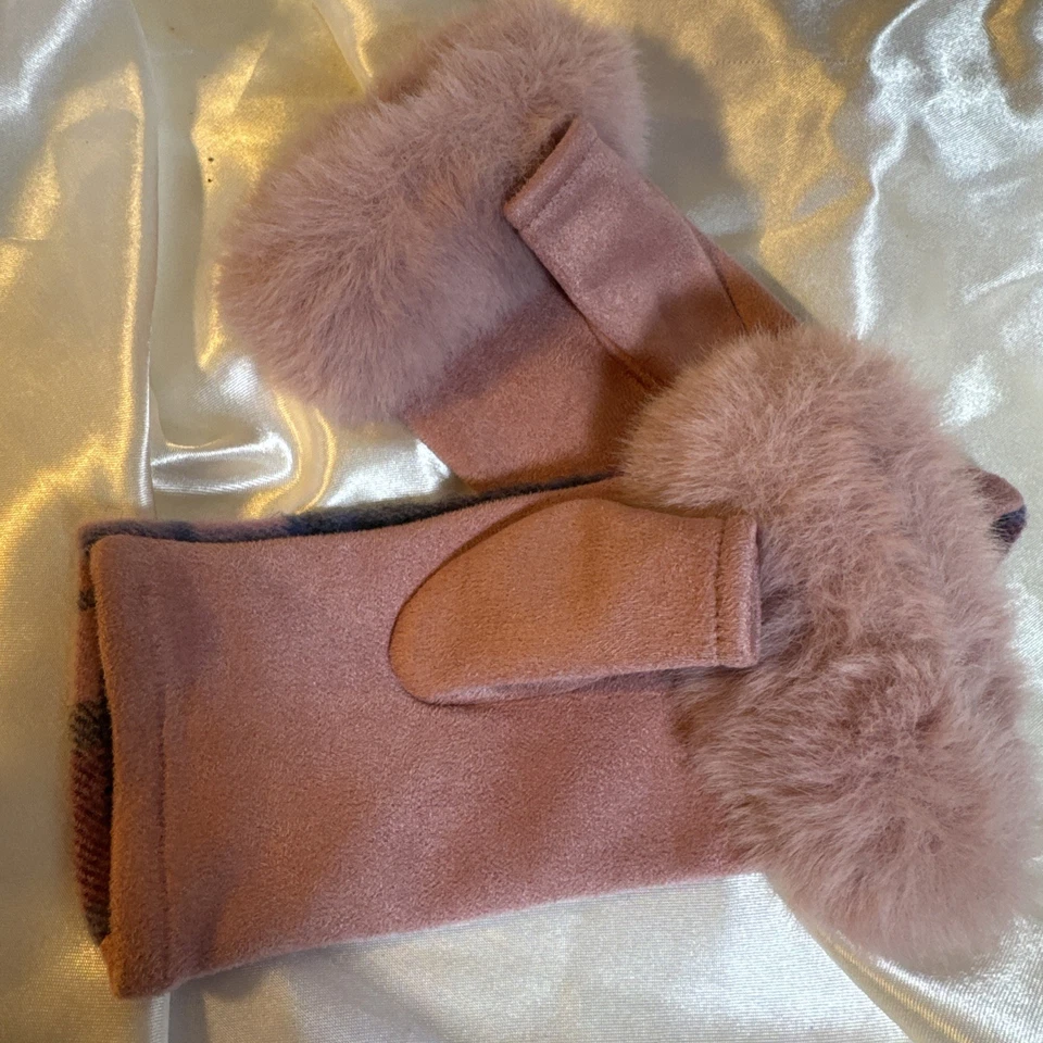 Guantes Sin Dedos Corderos Lana e Imitación Piel Rosa Azul Tartán (Escocia) Foto 4 de 4