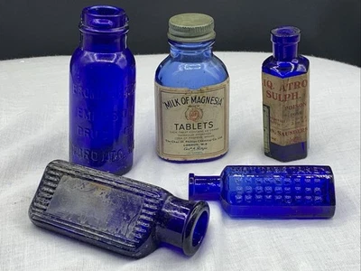 Victorian Poison And Medicine Bottle Bundle x5 Some Flat Back READ - Image 1 of 4