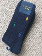 Image of GENUINE POLO RALPH LAUREN Dark Navy Multi Logo Adult CREW Ribbed SOCKS RL21