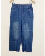Women's high-waisted, wide-leg denim pants elastic waistband front seam Sz S New