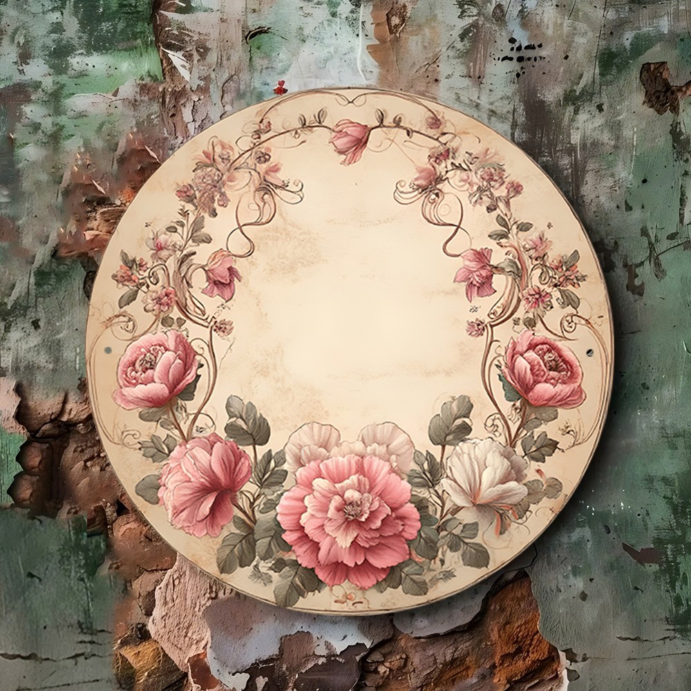 Vintage Pink Peony Green Leaf Round Metal Wall Art Home Decor