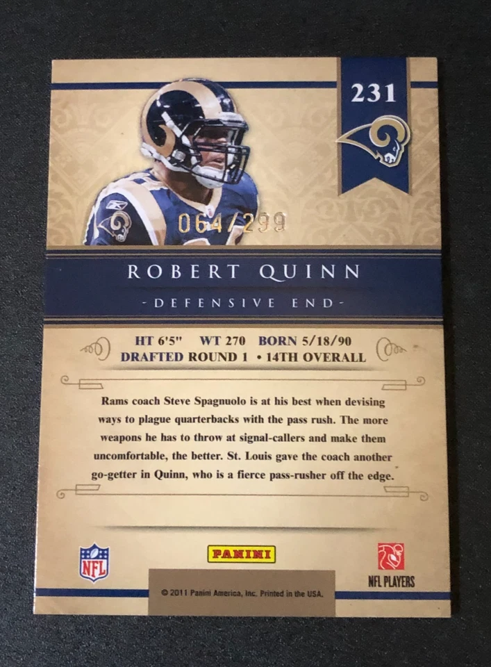 2011 Gold Standard ROBERT QUINN #231 Rookie RC/299 St. Louis RAMS UNC Tar Heels - Image 2 of 2