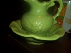 VINTAGE LIME GREEN McCOY USA PITCHER AND WATER BASIN BOWL GRAPE VINE 7.5"W X 6"T