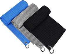 3 Pack 16x16" Tri-Fold Microfiber Waffle Golf Towels with Clip Black/Gray/Blue