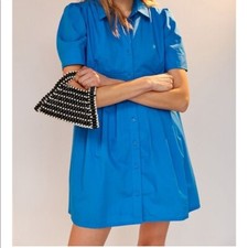 Urban Outfitter UO Michaela Babydoll Mini Dress Pleated Button Blue Shirt New S