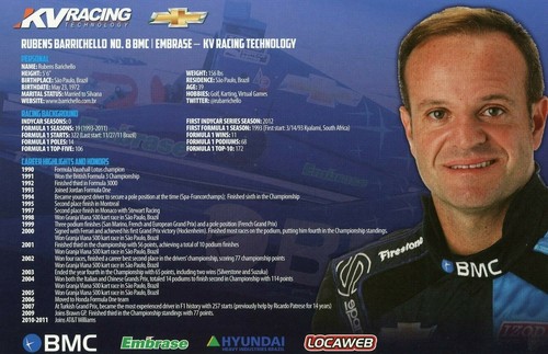 2012 INDY 500 RUBENS BARRICHELLO BRAZIL KV RACING 5 1/2"X 8 1/2" HERO CARD  - Foto 2 di 2