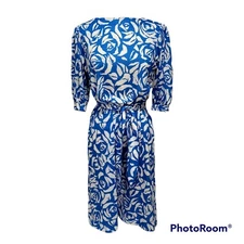 Vintage 80s 90s California Looks Blue Rose Floral Half Sleeve Day Dress Tie Belt