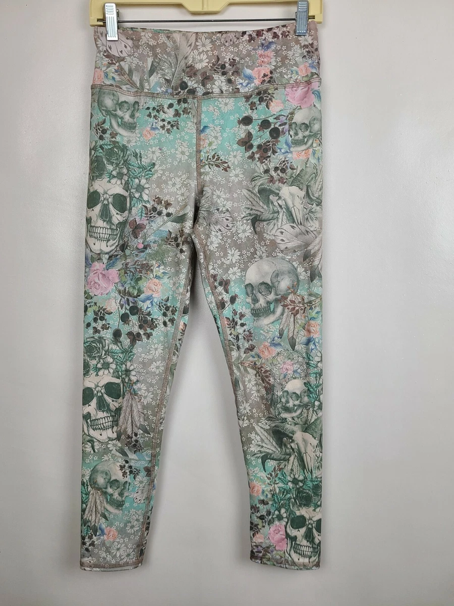 Evolution And Creation Womens Exercise Leggings Medium Green Skull Floral  Crop