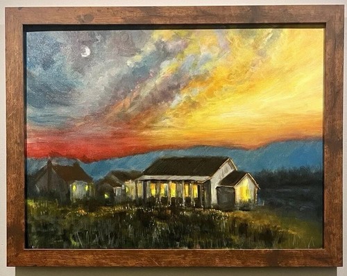 Original Farm House Cottage Fiery Sunset Rural Landscape Painting Art On Canvas - Picture 10 of 11
