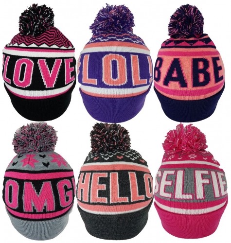 New Adults Ladies #Hashtag Slogan Ski Bobble Beanie Winter Warm Hats by Pro-Hike - Picture 1 of 1
