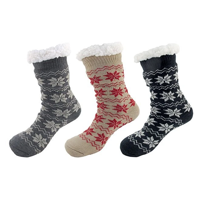 Warm Fuzzy Cozy Thermal Fleece-lined Knitted Non-skid Crew Socks, 3 Pairs Asst B