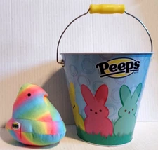 Peeps 7" Easter Bunny Tin Basket Bucket & Peeps 5" Chicken Plush Tie Dye Lot