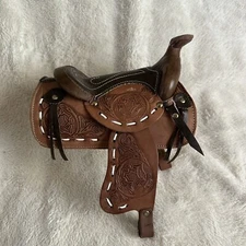 Realistic Tooled Miniature Small Leather Western Saddle 8” Long Doll Accessory