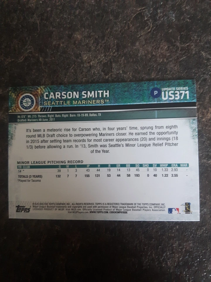 2015 Topps Updated Series Rookie Carson Smith RC Card# US371 - Image 2 of 2