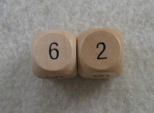 16mm 5/8" Set / Pair of 2 Wooden Dice lot, 16mm d6, numerals, wood 