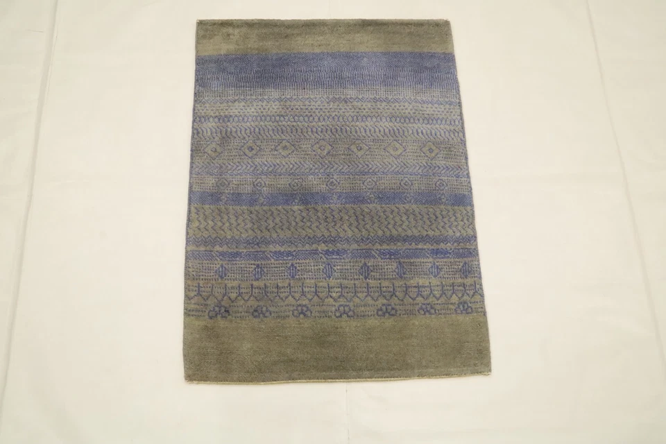 Gray Blue Gabbeh  Afghan Hand Knotted Striped Lori Baft 2'5"x3'4" Wool Area Rug - Image 2 of 4