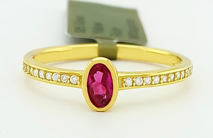 LAB CREATED  0.35 Cts RUBY & WHITE SAPPHIRES RING 14K YELLOW GOLD PLATED (.925)