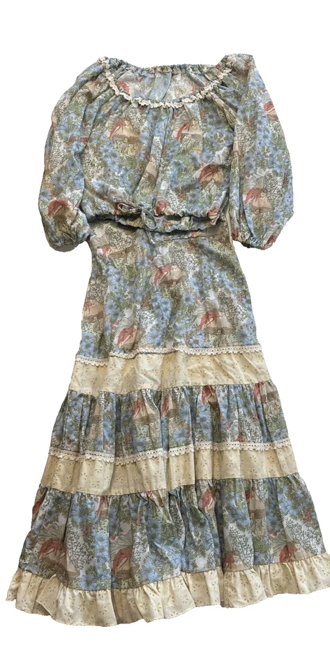 Falda Top Dulce Hada Estampado Algodón Encaje Hippie Bohemio Años 70 2 Piezas en Niveles Talla 5 Foto 2 de 4