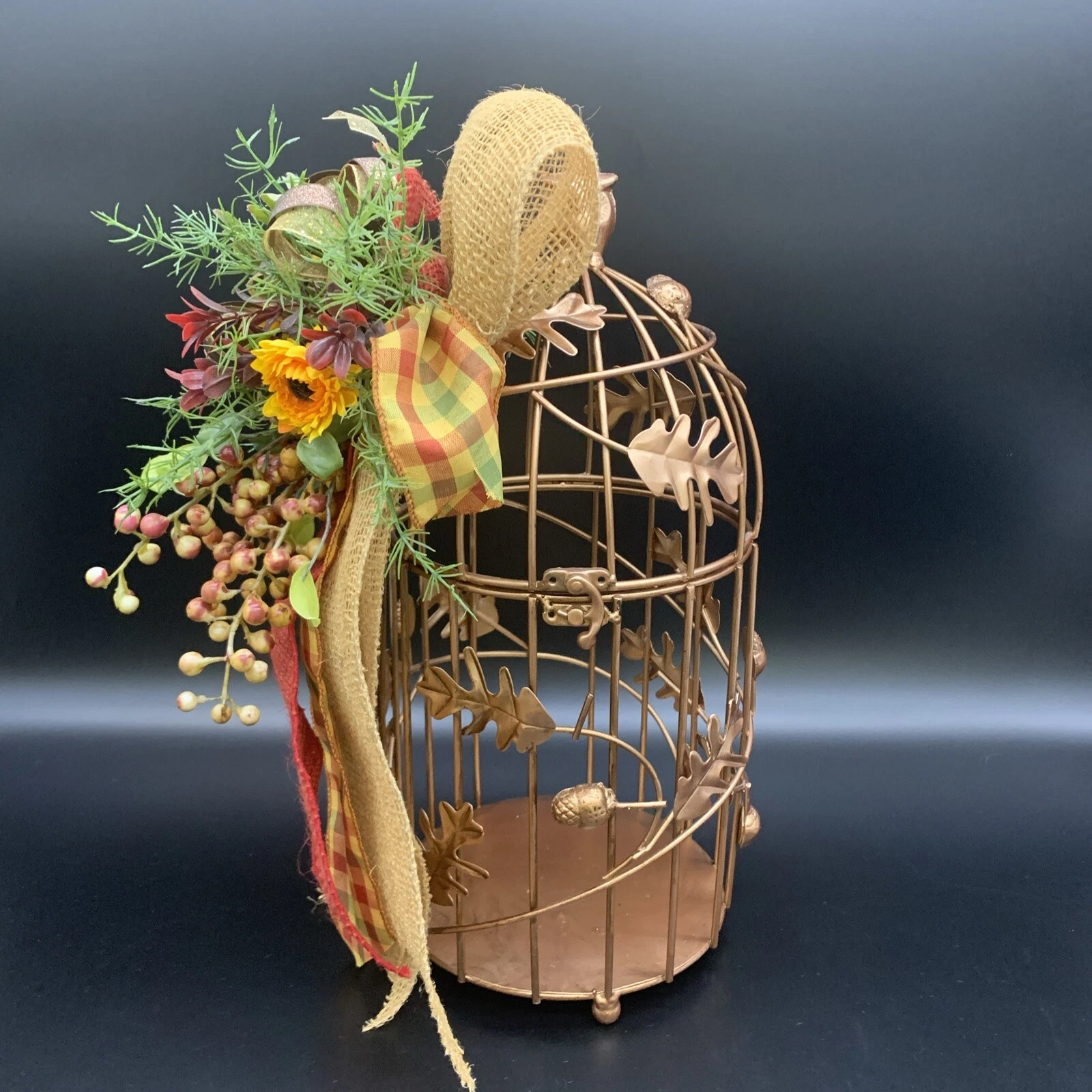 Vintage Gold/Rose Plated Bird Cage Decor with Elegant Leaves and Acorns