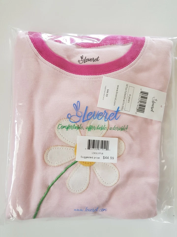 Juego de Pijama Leveret Niño y Muñeca 100% Algodón Flor Margarita Talla 5, 6 Años Nuevo Foto 2 de 4