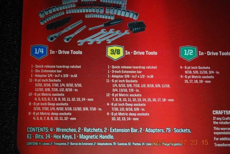 CRAFTSMAN 165PC 1/4", 3/8"&1/2"DRIVE INCH/METRIC STANDARD/DEEP SOCKET WRENCH SET - Image 2 of 3