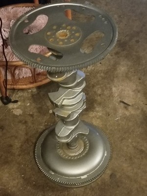 Handmade Industrial Automotive Metal Side Table with Crankshaft Flywheel Base