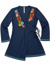 Uncle Frank Navy Floral Embroidered Wrap Tunic Top Long Sleeve Boho Size L