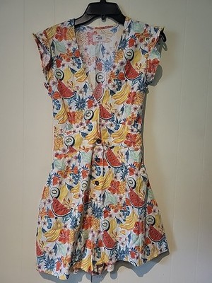 Marine Layer Lg Romper Women Multi Fruit Print Camila Hemp  Button Up V Neck 